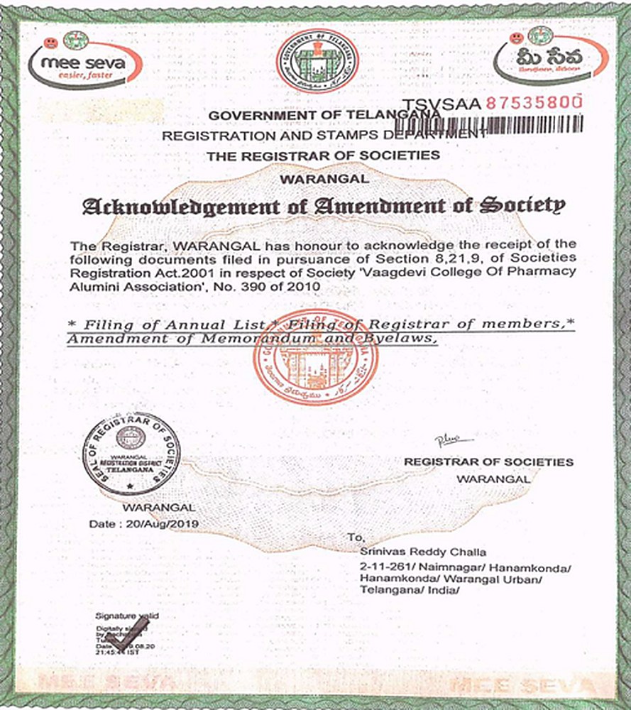 Government of Telangana, Registrar of Societies — registration certificate for the Vaagdevi College of Pharmacy Alumni Association (No. 390 of 2010)