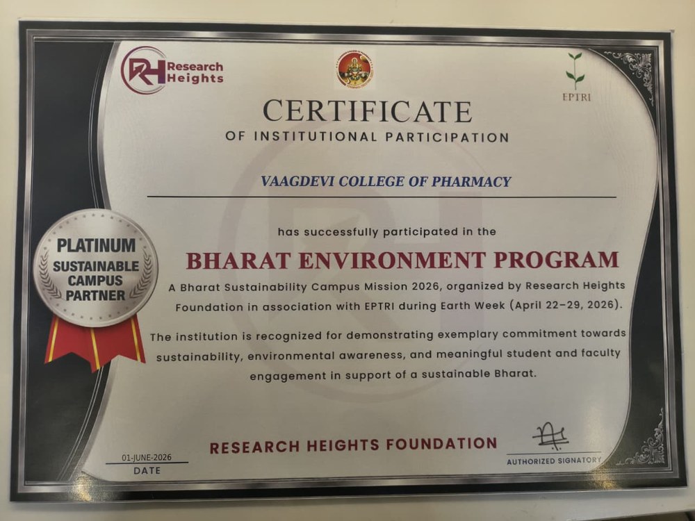 Platinum Sustainable Campus Partner certificate awarded to Vaagdevi College of Pharmacy under the Bharat Environment Program