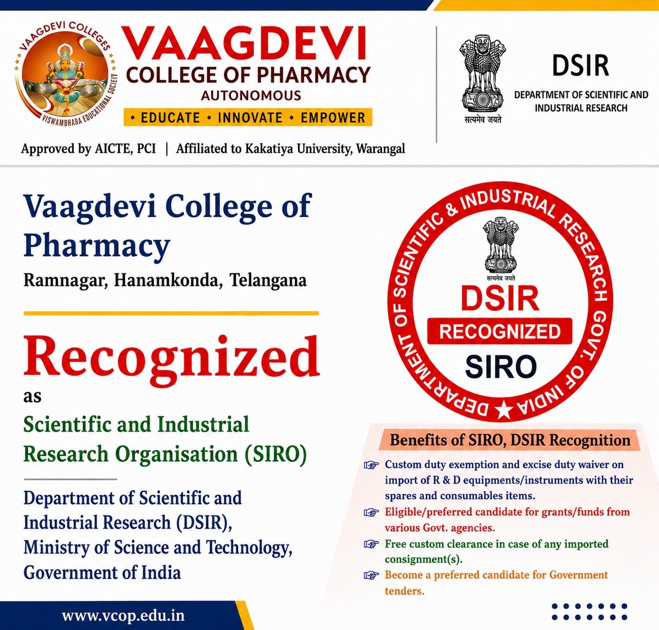 Vaagdevi College of Pharmacy recognised as a Scientific and Industrial Research Organisation (SIRO) by DSIR, Government of India